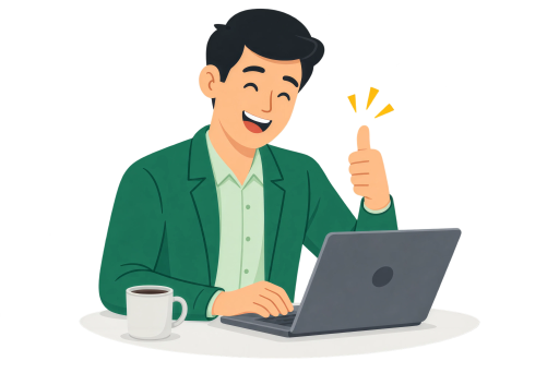 Happy, energised employee at laptop