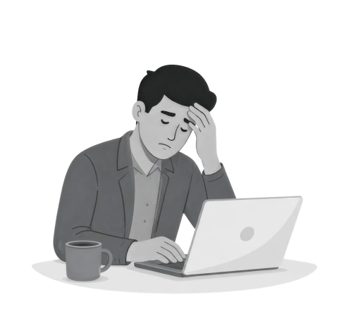Stressed employee at laptop, low energy